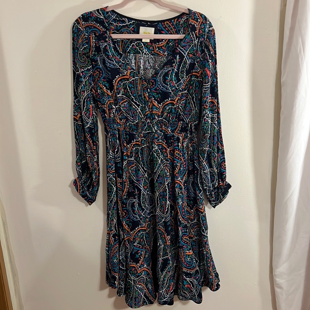 Maeve Anthropologie maplewood paisley long sleeve v-neck midi dress